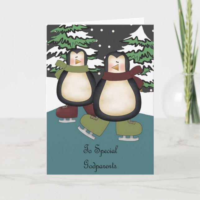 Godparents Penguins Christmas Card (Front)