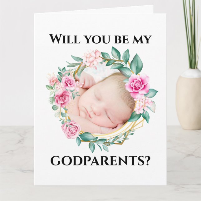 Godparents request floral wreath DIY photo frame Card (Front)