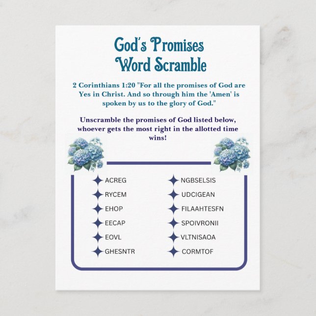 God's Promises Word Scramble Game Card (Front)