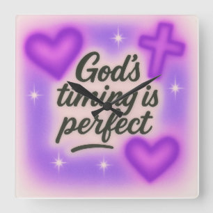 god's timing is perfect airbrush retro 90s purple  square wall clock