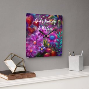 God's Timing is Perfect Floral Abstract Pink Red Square Wall Clock