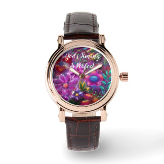 God's Timing is Perfect Floral Abstract Pink Red Watch