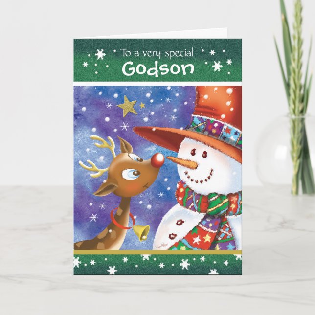 Godson, Cute Reindeer and Snowman Holiday Card (Front)