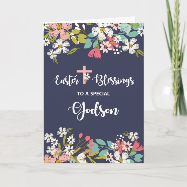 Godson Easter Blessings of Risen Christ Flowers Card (Front)
