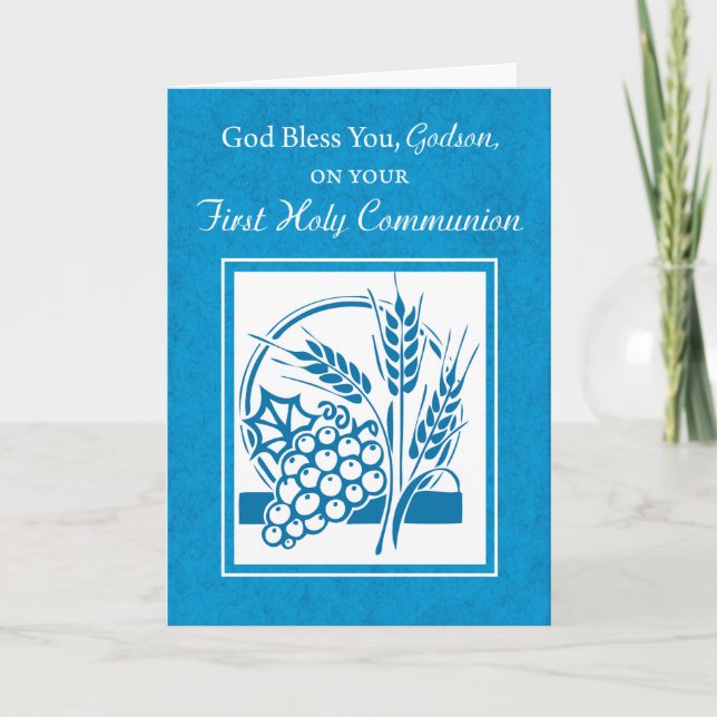 Godson First Communion, Wheat, Grapes Blue Card (Front)