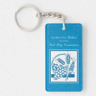 Godson First Communion, Wheat, Grapes Blue Keychain