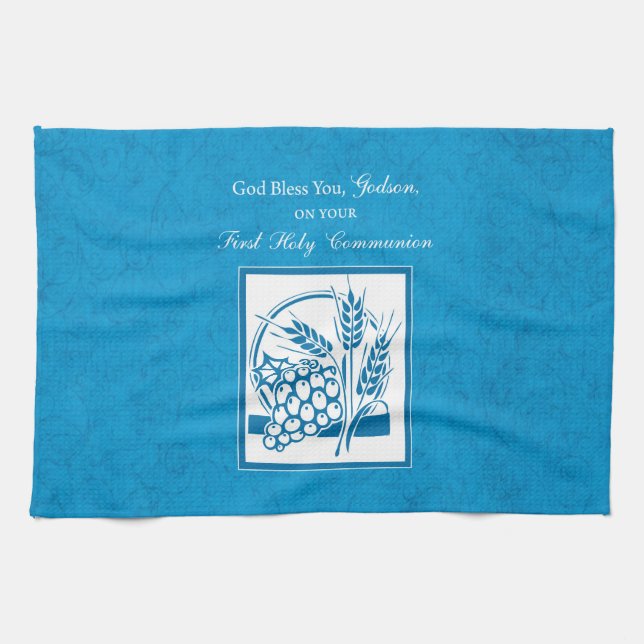 Godson First Communion, Wheat, Grapes Blue Kitchen Towel (Horizontal)