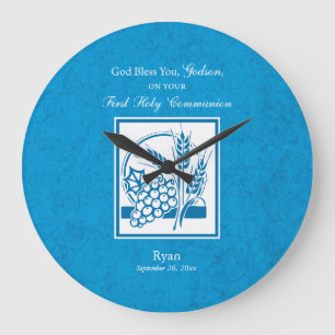 Godson First Communion, Wheat, Grapes Blue Large Clock