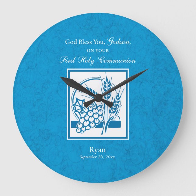 Godson First Communion, Wheat, Grapes Blue Large Clock (Front)