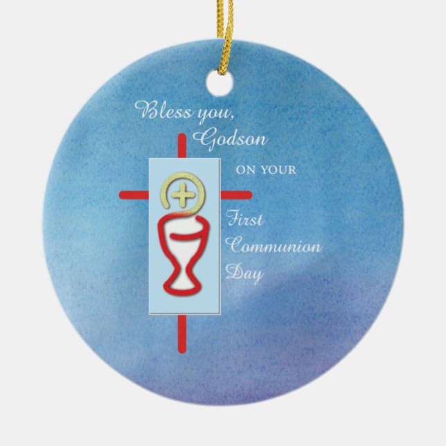 Godson, First Holy Communion, Blue Ceramic Ornament (Front)