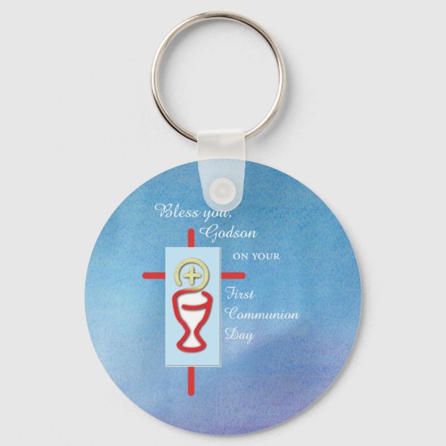 Godson, First Holy Communion, Blue Keychain (Front)