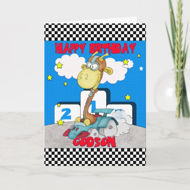 Godson Giraffe Birthday Card - Racing Giraffe (Front)