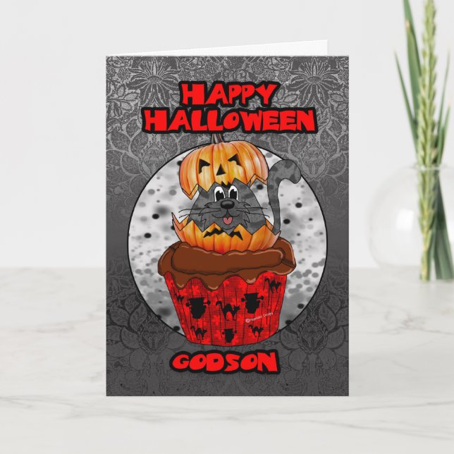 godson halloween cupcake cat, grey tabby in a hall card (Front)