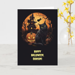 Godson Happy Halloween Cute Haunted Mansion Black Card