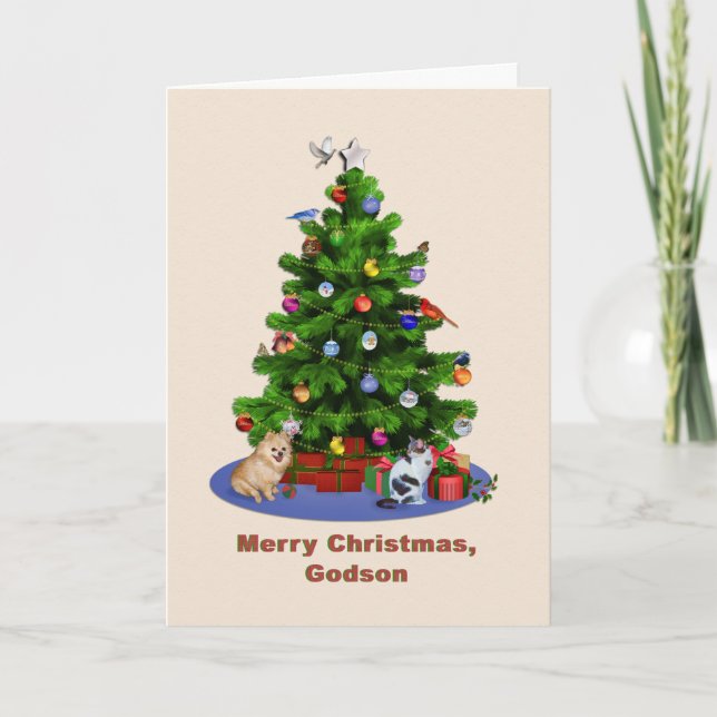 Godson, Merry Christmas Tree, Birds, Cat, Dog Holiday Card (Front)