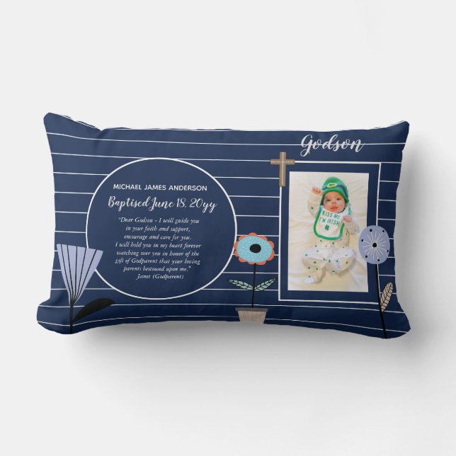 Godson POEM PHOTO Baptism Christening Blue Lumbar Pillow (Front)