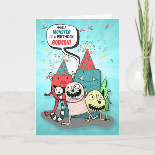Godson Red and Teal Monster Birthday Card