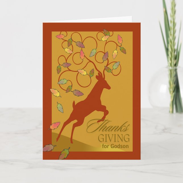 Godson Thanksgiving Deer Jumping Antler Leaves Holiday Card (Front)