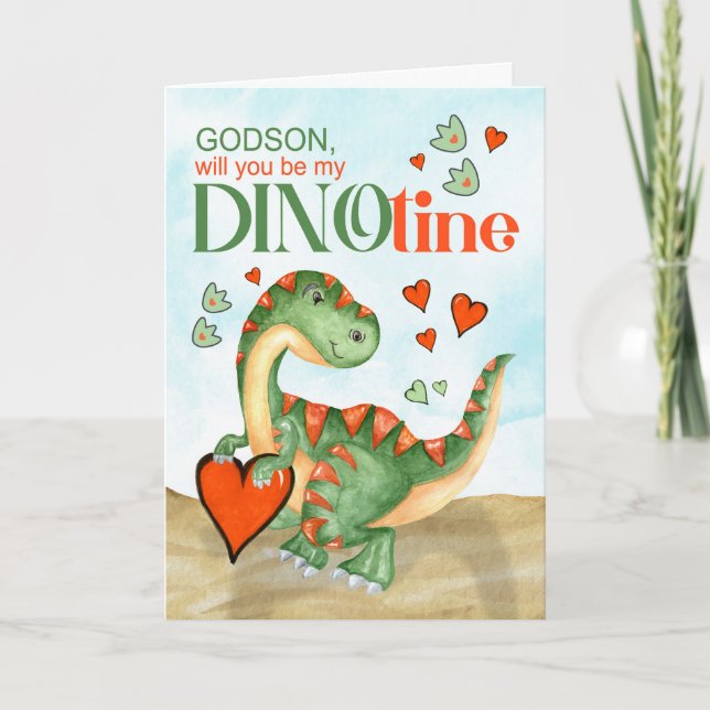 Godson Valentine T-Rex Dinosaur DINOtine Holiday Card (Front)
