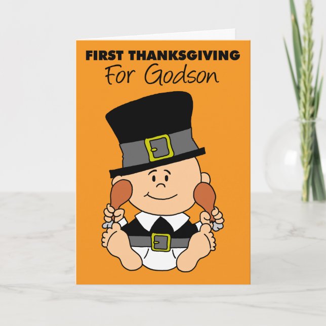 Godson's First Thanksgiving Cute Little Pilgrim Card (Front)