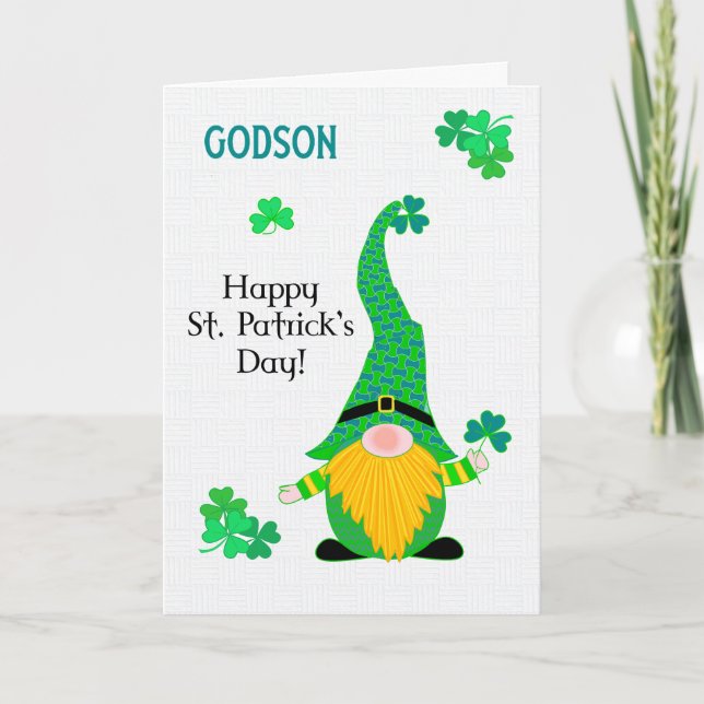 Godson's St Patrick's Fun Leprechaun Gnome Card (Front)