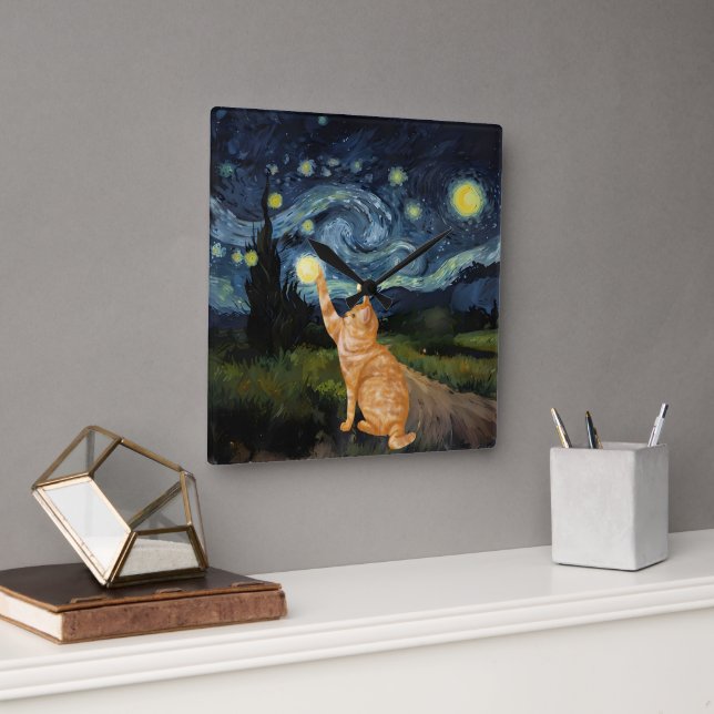 Gogh Kitty Starry Night Cat Square Wall Clock (Office)