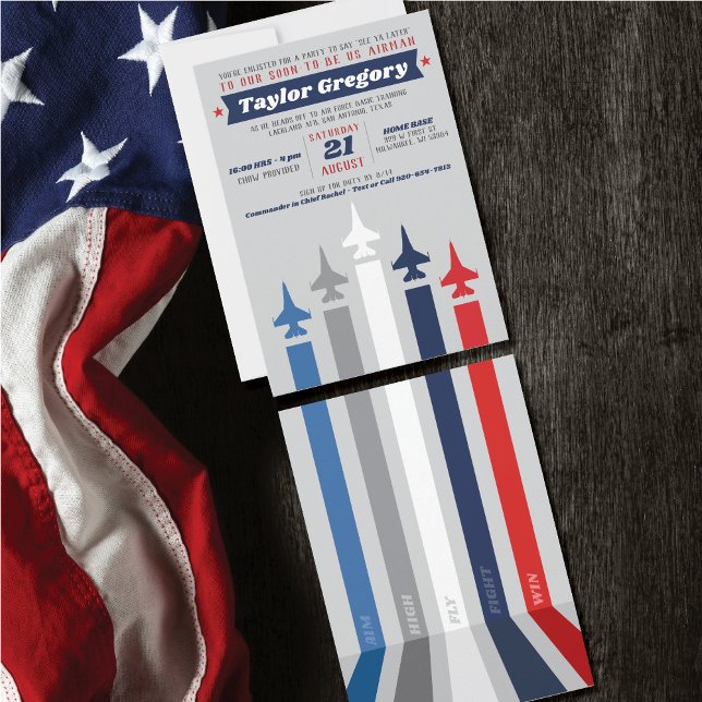 Going Away Party Air Force Basic Training Military Invitation (Going Away, Farewell Party Invitation, Air Force Jet Plane, front & back, stripes, aim high, fly win)