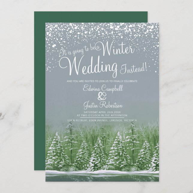 Going to be a winter wedding snow lake grey green invitation (Front/Back)