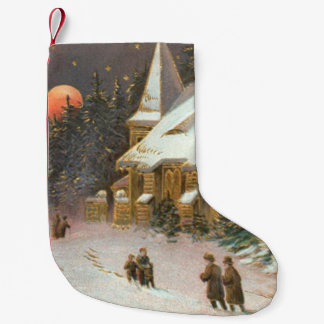 Going To Church Tree Snow Moon Stars Small Christmas Stocking