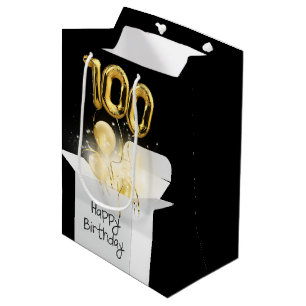 Gold 100th Birthday Balloons in White Box  Medium Gift Bag