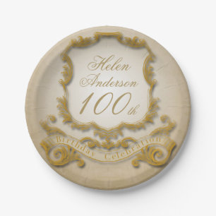 Gold 100th Birthday Celebration Paper Plates