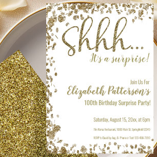 Gold 100th Surprise Birthday Party Invitation