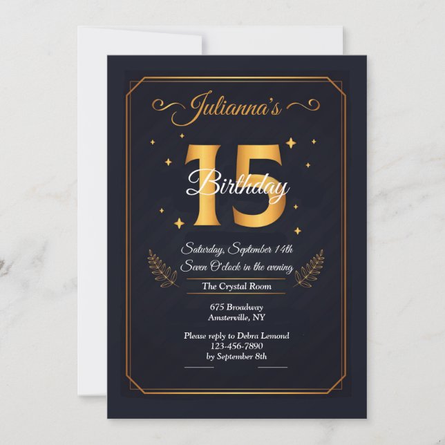 Gold 15 Invitation d'anniversaire (Devant)