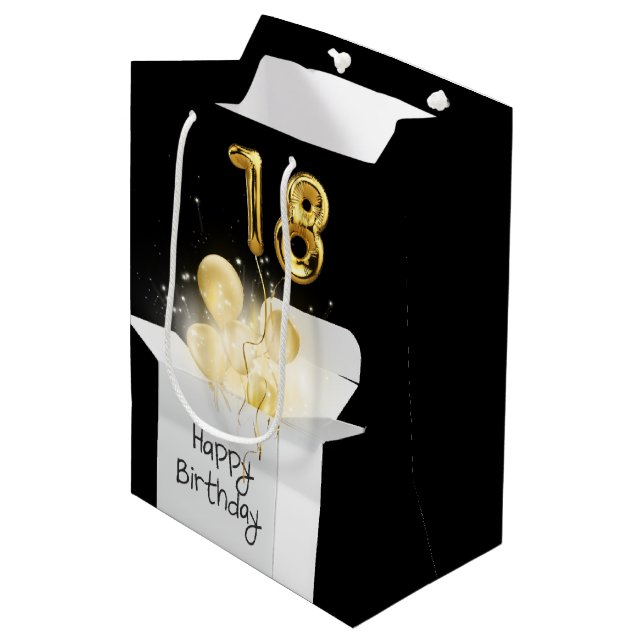 Gold 18th Birthday Balloons in White Box Medium Gift Bag (Front Angled)