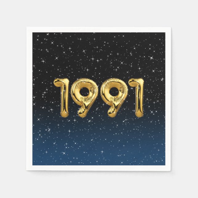 Gold 1991 Birth Year Balloons In Stars Napkin (Front)
