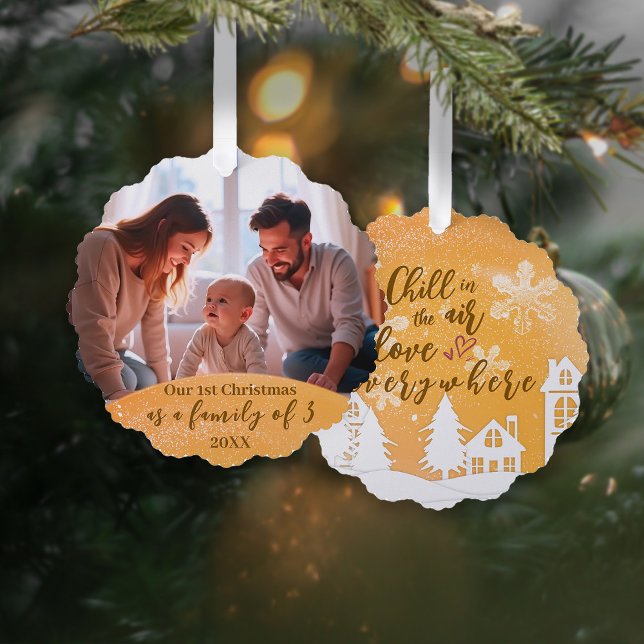 Gold 1st Christmas Family of 3 Quote Photo Ornament Card (Creator Uploaded)