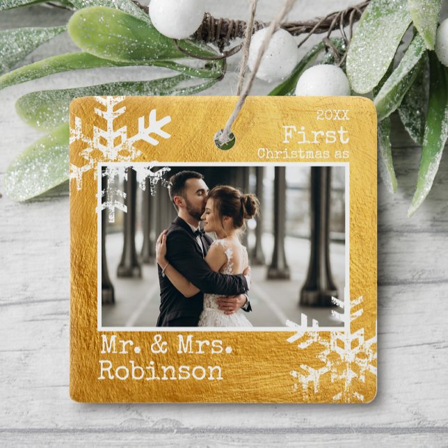 Gold 1st Christmas Mr. & Mrs. Photo Ceramic Ornament (Rustic snowflake family holiday keepsake photo ornament perfect for gifts to bring joy to others.)