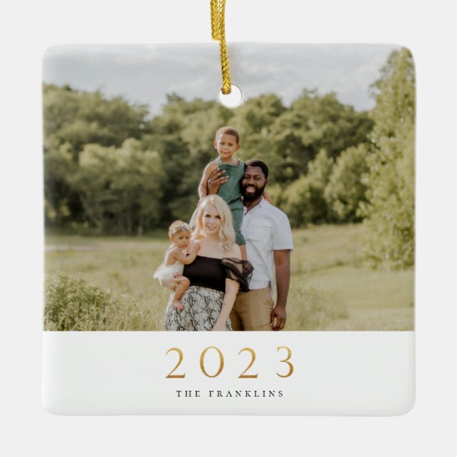 Gold 2023 Single Photo Christmas Ceramic Ornament (Front)