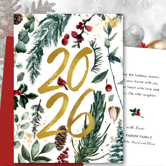 Gold 2025 Festive Christmas Pine Bough Red Floral  Holiday Card