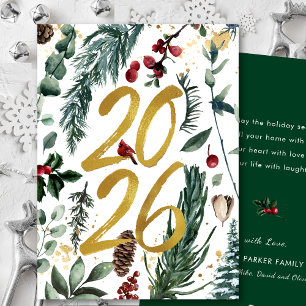 Gold 2025 Festive Christmas Pine Bough Red Floral Holiday Card