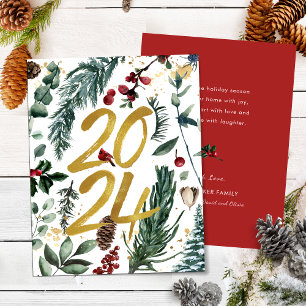 Gold 2025 Festive Christmas Pine Bough Red Floral Holiday Card