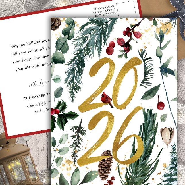 Gold 2025 Festive Christmas Pine Bough Red Floral Holiday Postcard (Creator Uploaded)