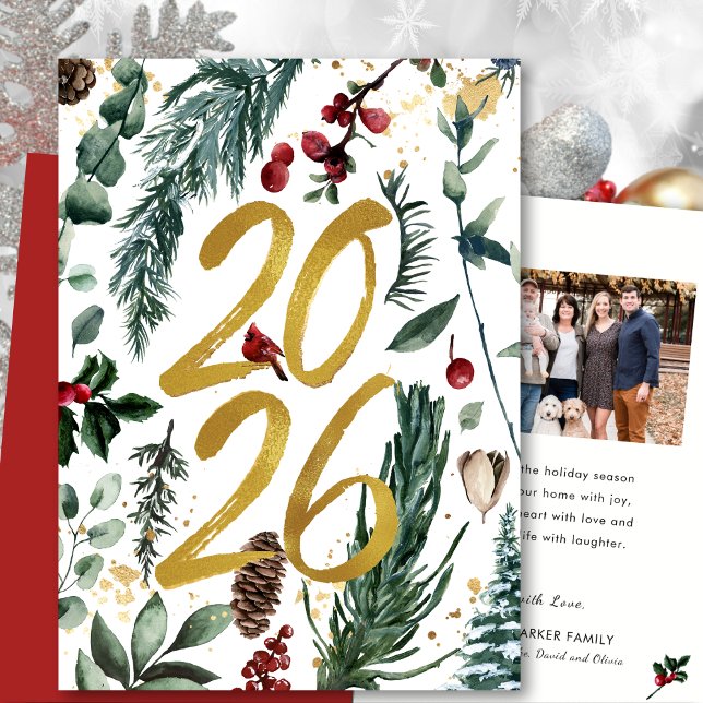 Gold 2025 Festive Christmas Pine Bough Red Photo Holiday Card (Creator Uploaded)