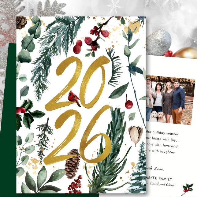Gold 2025 Festive Christmas Pine Bough Red Photo Holiday Card (Creator Uploaded)