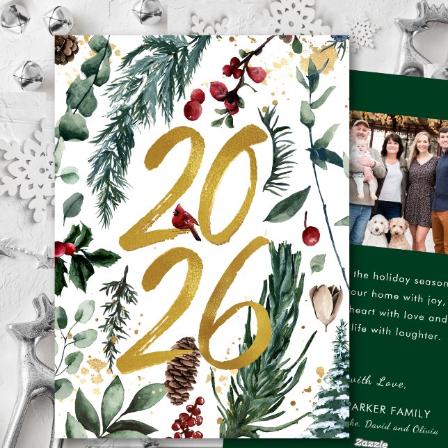 Gold 2025 Festive Christmas Pine Bough Red Photo Holiday Card (Creator Uploaded)