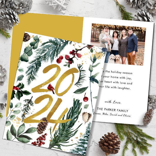 Gold 2025 Festive Christmas Pine Bough Red Photo Holiday Card (Creator Uploaded)