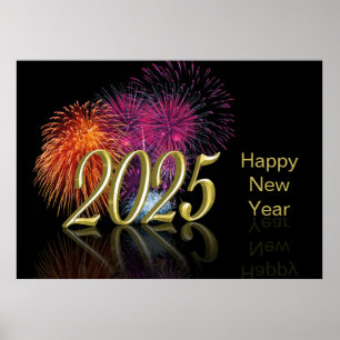 Gold 2025 Fireworks Happy New Year Poster