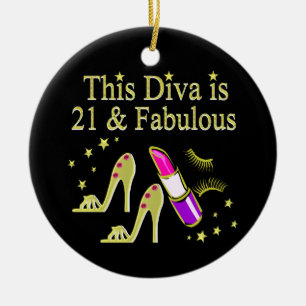 GOLD 21 AND FABULOUS BIRTHDAY DESIGN CERAMIC ORNAMENT