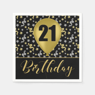 Gold 21 Birthday in Gold and Silver on Black Napkin