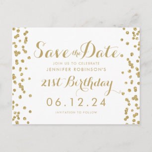 Gold 21st Birthday Save The Date Confetti White Announcement Postcard